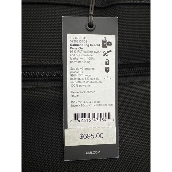 Tumi Alpha 3 Garment Bag Tri Fold Carry On Black Ballistic Nylon Leather - Picture 7 of 11